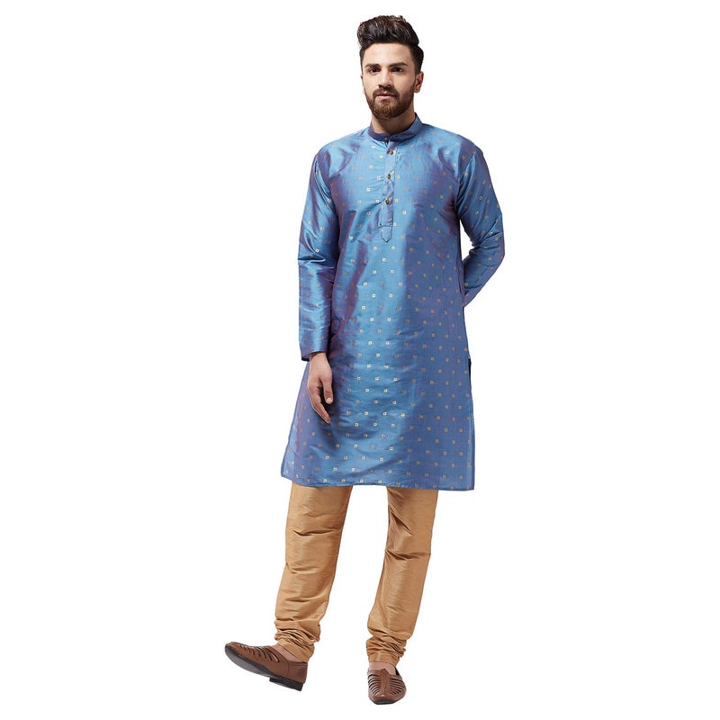 Sojanya (Since 1958 Men'S Silk Blend Light Blue Printed Only Long Kurta, Size 40 - Image 1